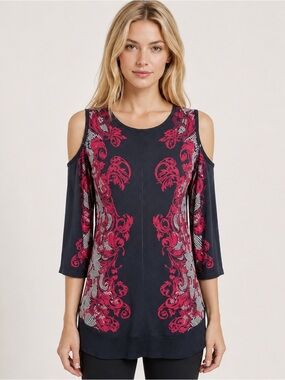 Eva Varro Tunic Top Black Red Scroll Print Cold Shoulder Jersey Knit Chic Size S